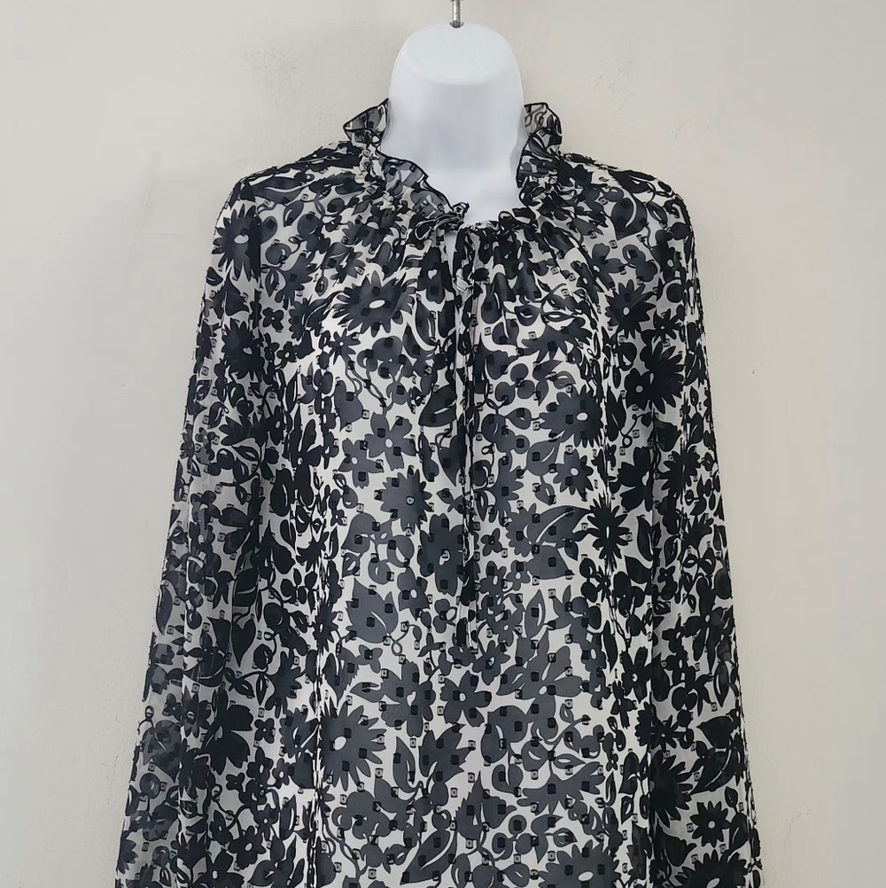 Boden “Maddie” Floral Semi-Sheer  Long Sleeve Blouse,Size: 8 Color: Black/White